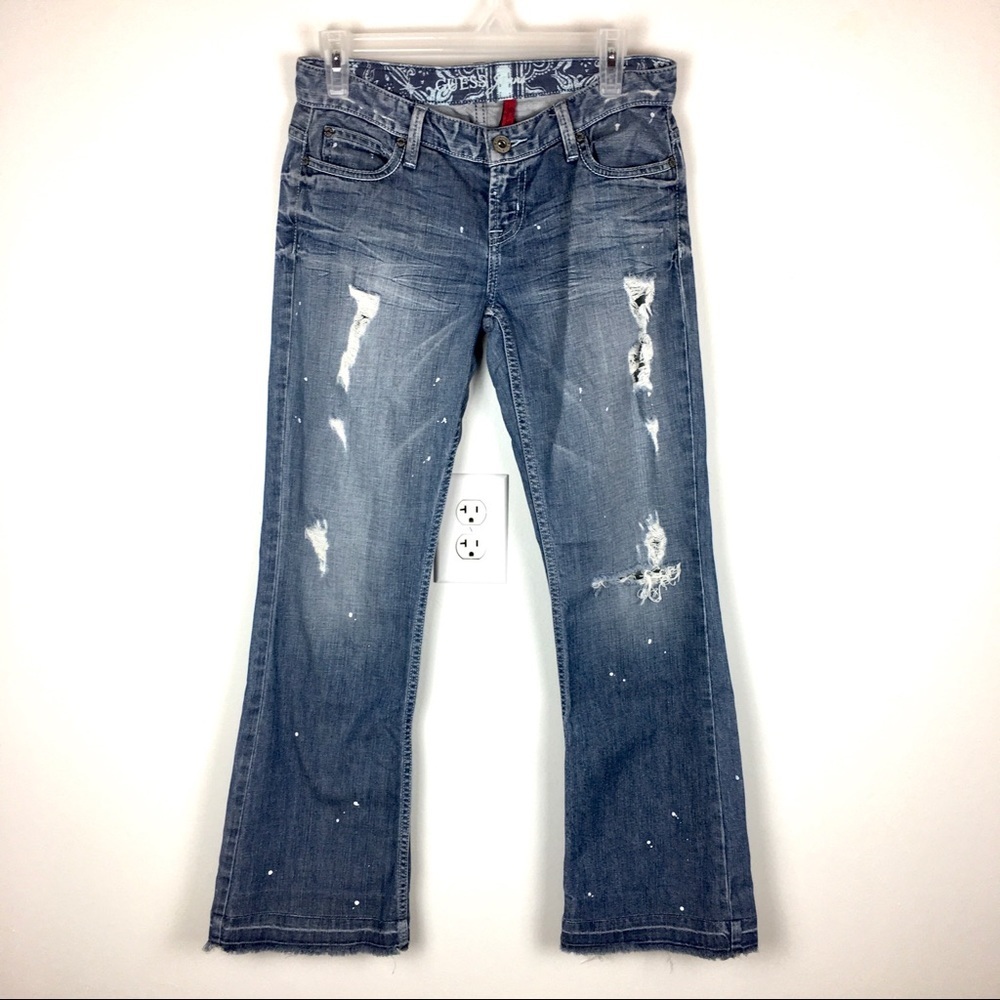 Guess Paint Splatter Distressed Flare Leg Jeans
